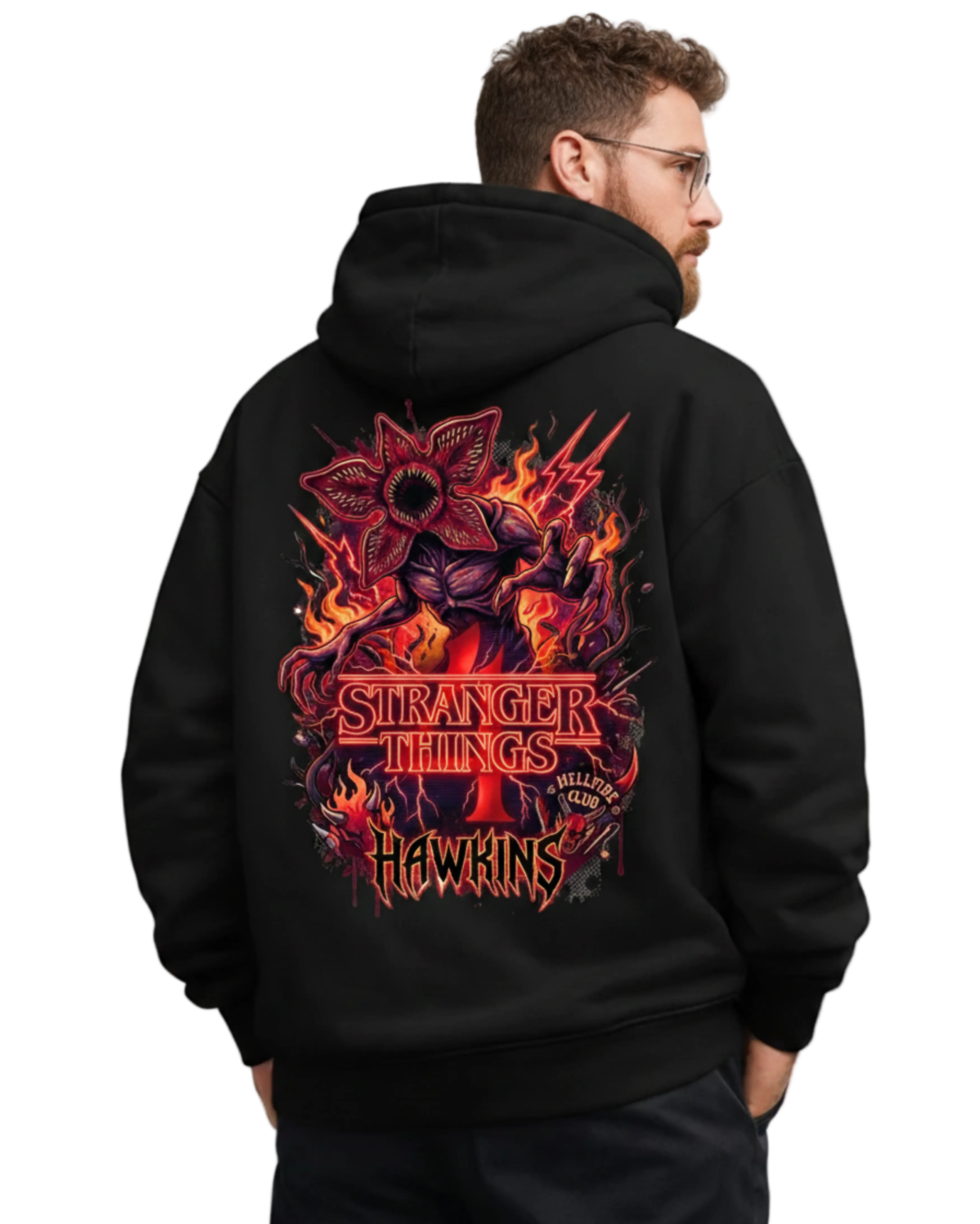 Person wearing a black hoodie with 'Stranger Things' design on the back, standing against a plain background.