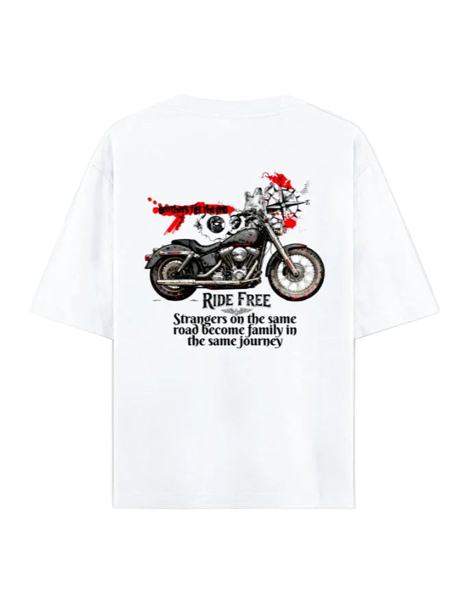 White t-shirt with a motorcycle graphic and text on a white background