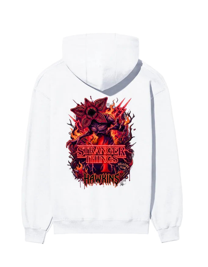 White hoodie with 'Stranger Things' logo featuring a fiery design on a white background