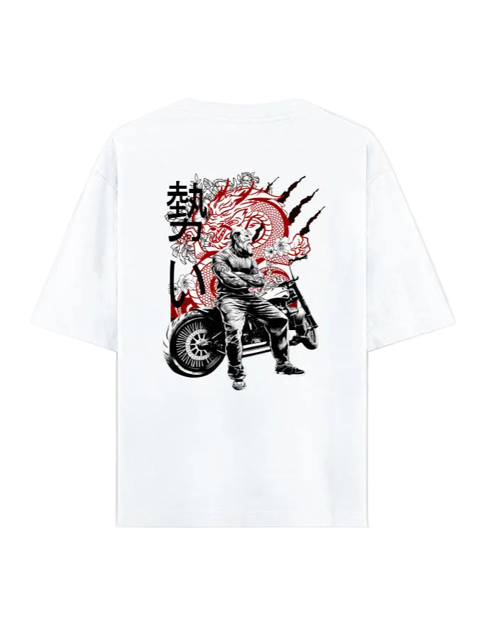 White t-shirt with graphic design of a person on a motorcycle and Japanese text.
