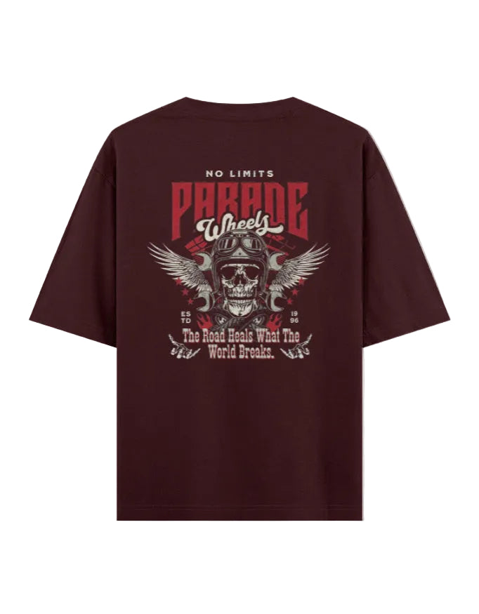 Maroon t-shirt with graphic design and text on a white background