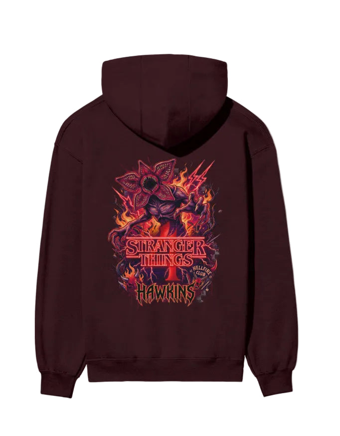 Maroon hoodie with 'Stranger Things' design on a white background
