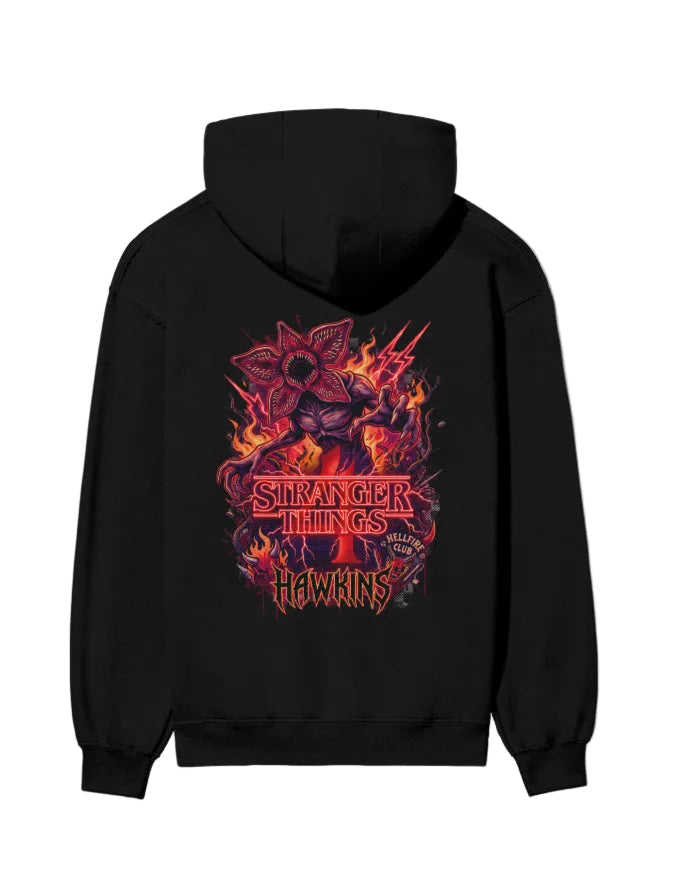 Black hoodie with 'Stranger Things' graphic design on a white background