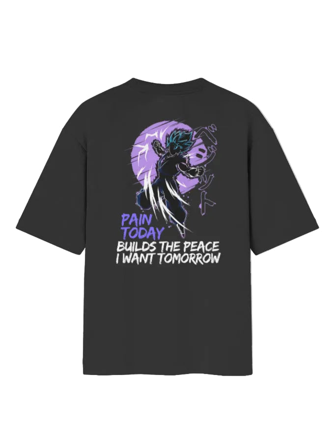 Black t-shirt with a graphic design and text on a white background