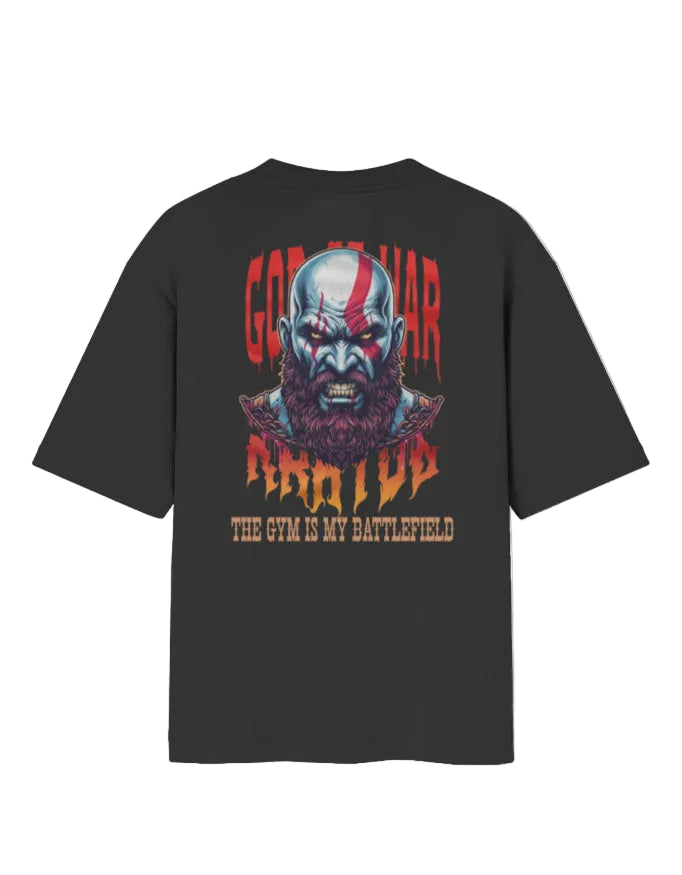 Black t-shirt with graphic design of a character and text on a white background