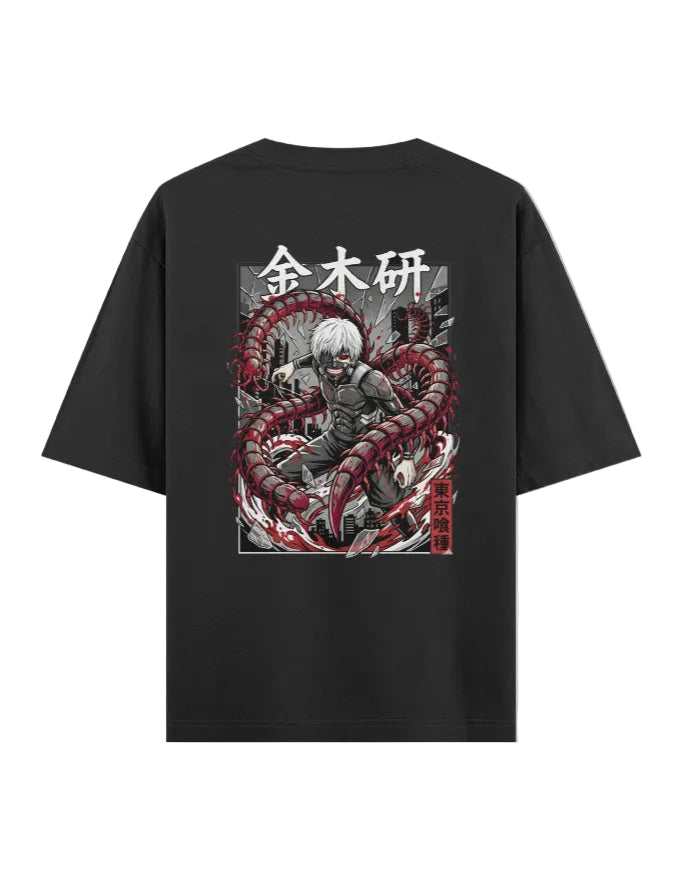 Black t-shirt with graphic design and text on the back against a white background