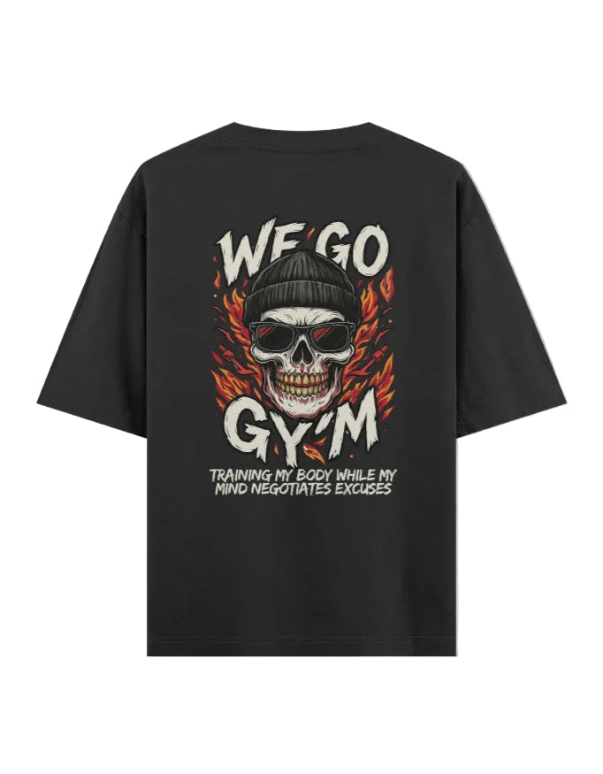 Black t-shirt with a skull graphic and text on the back, displayed on a white background.