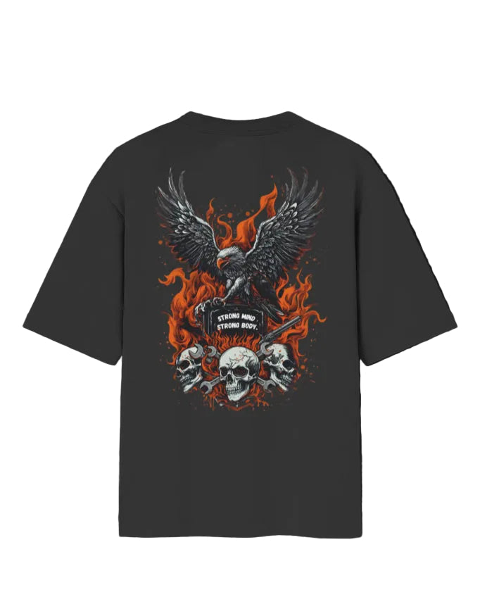 Black t-shirt with a graphic design of an eagle, flames, and skull on a black background