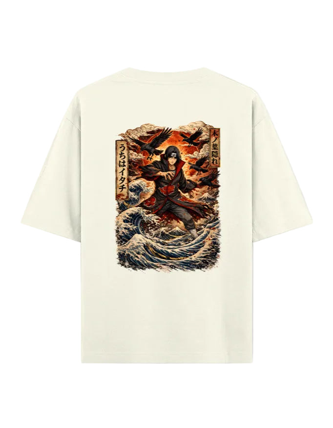 Beige t-shirt with a graphic design of a person in a kimono surrounded by birds and waves on a white background.