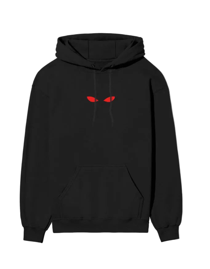 Black hoodie with red eye design on a white background