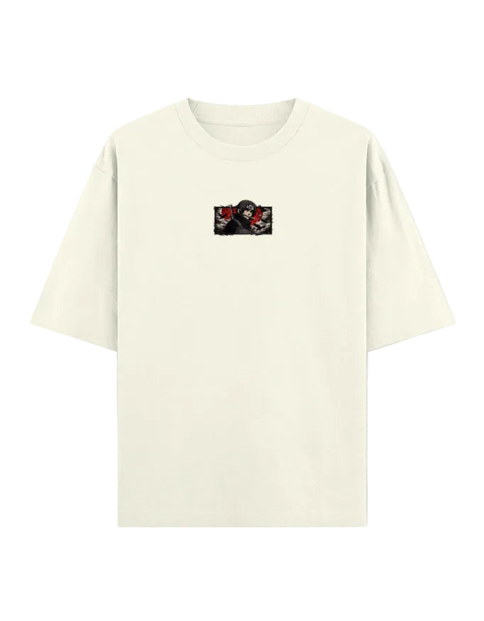 Beige t-shirt with a graphic design on a white background